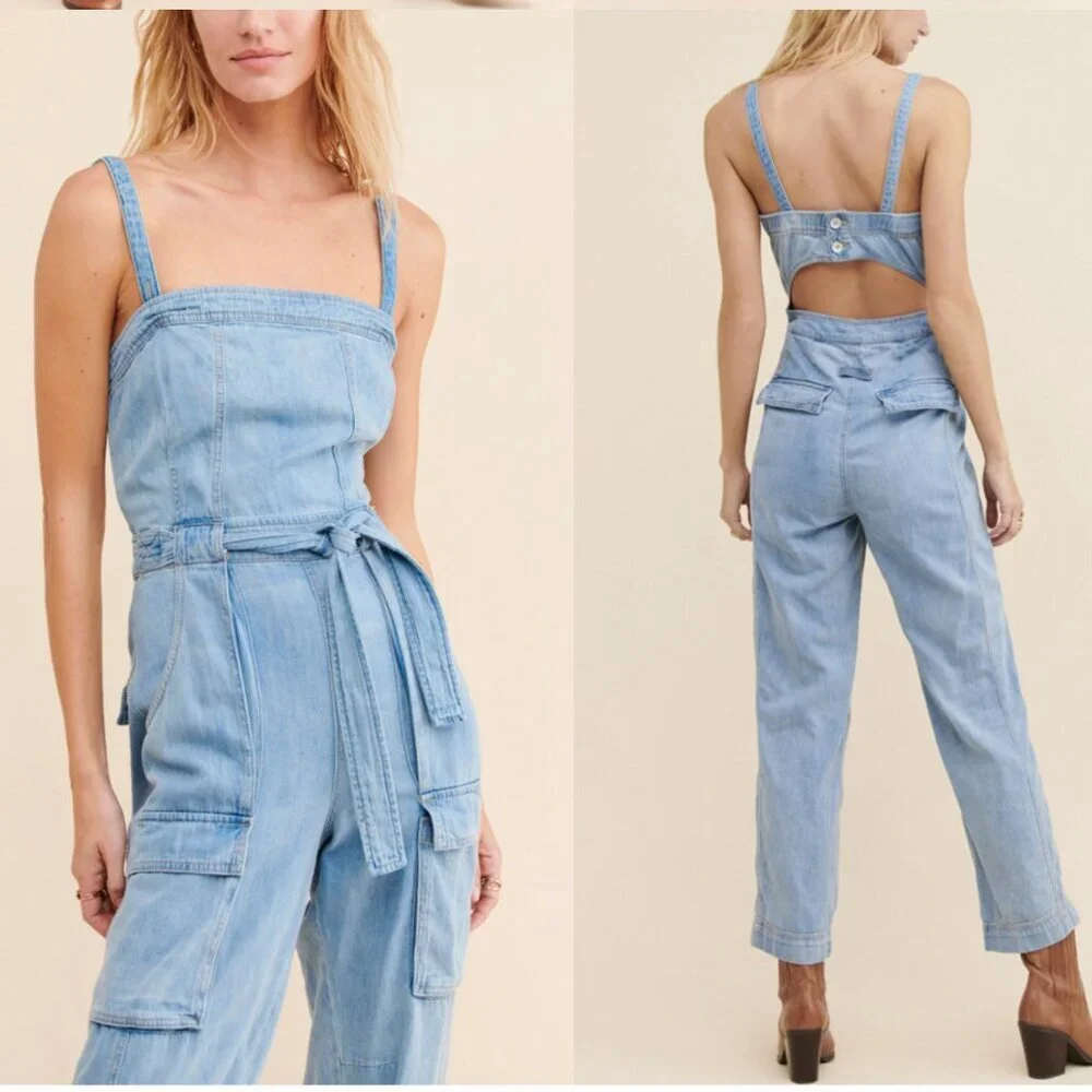Free People Go West Light Blue Denim Cargo Jumpsuit Size Medium - Picture 2 of 14